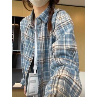 格子藍色美式長袖襯衫秋季新款復古百搭寬鬆慵懶上衣外套休閒襯 長袖襯衫 格子襯衫 韓風女裝 女裝 冬季女裝 女裝 韓係