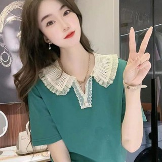 【限時免運出貨】純棉v領高級感蕾絲拼接娃娃領短袖襯衫上衣t恤女士夏季設計感小眾