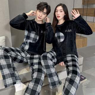 女M-XXL男L-4XL情侶法蘭絨睡衣冬季珊瑚絨卡通家居服