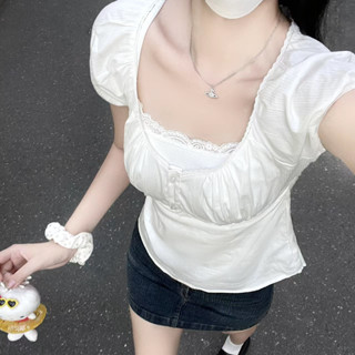 see 女生上衣 短袖 上衣修身 寬鬆短袖 短袖上衣溫柔風氣質白色U領短袖襯衫設計感小眾女夏季減齡短款純棉上衣潮