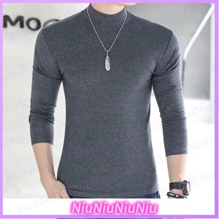 【Niu大碼】氣質中高領打底衫男士秋冬長袖T恤青年內搭素色彈力胖子大尺碼上衣上衣大學t大學t男男長袖t恤條紋t恤男上衣