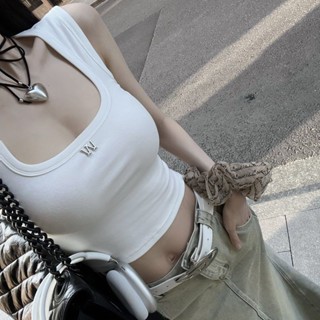 see 背心女 女生上衣 小可愛 運動背心 女裝 夏季新款遮副乳U領白色背心女寬肩帶顯瘦短款字母標性感吊帶上衣 辣妹上衣