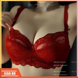 XiaoHu🎀紅色本命年性感蕾絲內衣女大胸顯小上託無海綿透氣舒適內衣罩套裝