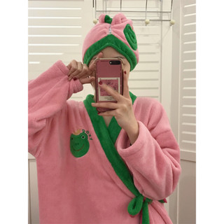 男女情侶 純色舒適親膚 冬季加厚 情侶睡袍 法蘭絨浴袍 珊瑚絨睡袍 保暖睡袍玫粉綠青蛙刺繡浴衣女幹髮帽家用洗澡浴巾浴袍吸