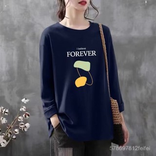 衣大倉 100%純棉長袖T恤女秋季寬鬆上衣印花新款百搭中長款體恤潮