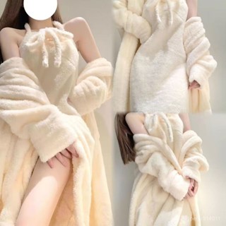 【PE】秋冬法蘭絨睡衣女奶油風純慾居家服掛脖睡裙加絨保暖加長睡袍套裝