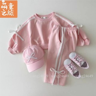韓版ins長袖長褲春秋款 運動女寶寶蝴蝶結槓條拼接大學T套裝 百搭洋氣T