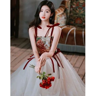 法式甜美油畫感復古禮服落日鬱金香森林提花宮廷風氣質仙女連衣裙