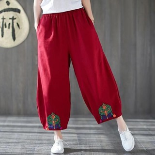 大尺碼長褲 寬鬆褲春夏季新款民族風女褲2023文藝復古刺繡松緊腰燈籠褲休閑九分褲子初秋長褲 休閒長褲 薄長褲