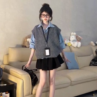 臺灣出貨 單件/套裝 韓系套裝 簡約風 灰色套裝 v領針織馬甲背心女 毛衣女 學院風 藍色長袖襯衫 氣質穿搭 一整套搭好