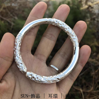 🌿SUN[手鐲]純銀|如意金箍棒手鐲男士個性霸氣白銅鍍銀實心鐲子國風祥雲開口手環|銀飾08