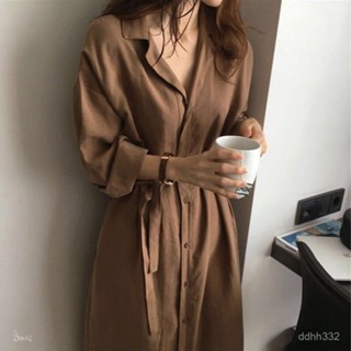 S-3XL係帶襯衫裙女鹽係裙子純慾風中長薄款連身裙韓版寬鬆學生法式名媛連衣裙POLO領洋裝 大尺碼洋裝 長袖洋裝 中長裙