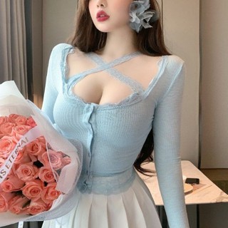 𝐋𝐢𝐭𝐭𝐥𝐞 小性感長袖T恤 洋氣兩件套上衣春秋季短款長袖蕾絲花邊開衫外套修身吊帶兩件套裝