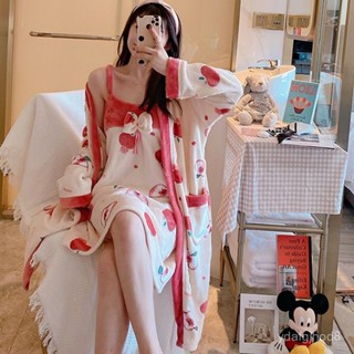 秋冬新款✅冬季女款法蘭絨睡衣長袖加厚睡袍兩件套珊瑚絨可愛性感春秋冬浴袍 OBUX