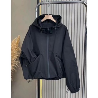 【Sweet Oversize】2024新款爆款秋季女士休閒高階上衣黑色連帽衝鋒衣夾剋外套女潮流
