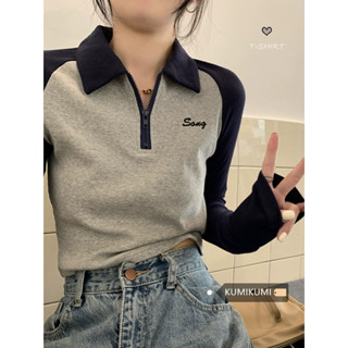 【CIFF】 美式撞色Polo領修身顯瘦長袖T恤女秋季內搭辣妹短款上衣潮長袖上衣 女裝 衣服 寬鬆上衣 顯瘦上衣