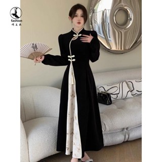 秋冬新中式國風復古改良旗袍裙子女裝大碼胖mm新款長袖高腰 連身裙 新款 韓版HU
