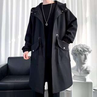 黑風衣外套男春秋中長款男士秋季男裝新款日係休閒長款大衣潮外套男 防風外套 大碼風衣 風衣男 長版外套 英倫風 風衣外套