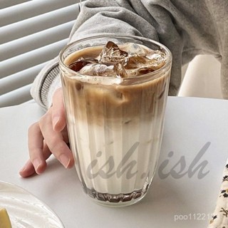 玻璃杯豎條紋拿鐵咖啡杯ins冰美式咖啡館復古飲料杯 簡約時尚精緻高階玻璃杯子家用喝水杯 玻璃杯 杯子 含蓄文藝午茶杯子
