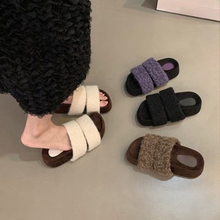 [💕免運實拍]絨毛拖鞋 保暖拖鞋 室內室外拖鞋 秋冬厚底毛毛拖鞋 女士拖鞋秋季時尚一字棉拖複古厚底增高外穿毛毛拖