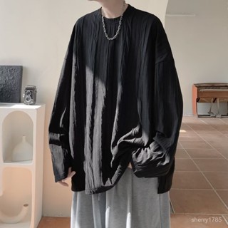 🌹限量購🌹長袖 T恤 男秋季 ins新款 褶皺 高階感 上衣 寬鬆 大碼 港風 情侶街頭 打底衫 時尚潮牌潮流潮男 MS