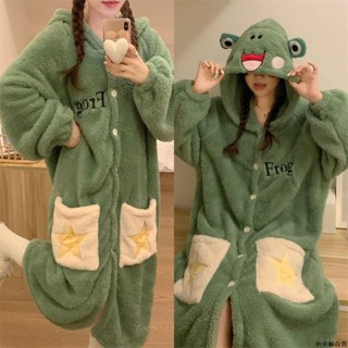 【桃園新品】新款ins風韓系可愛小青蛙珊瑚絨連帽睡衣女冬季法蘭絨家居服睡袍 睡袍 居家服 保暖睡衣