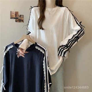 大碼蕾絲拚接長袖T恤女秋季寬鬆遮肚甜美上衣胖MM小眾蝴蝶結體恤
