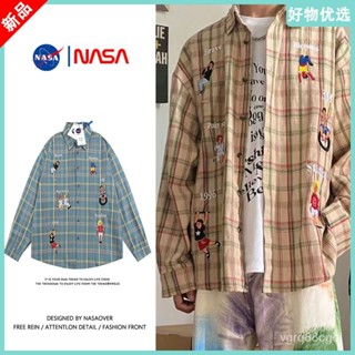 【福園】襯衫外套男NASA聯名日係複古格子襯衫外套男卡通刺繡翻領設計中性風情侶上衣 DH6D