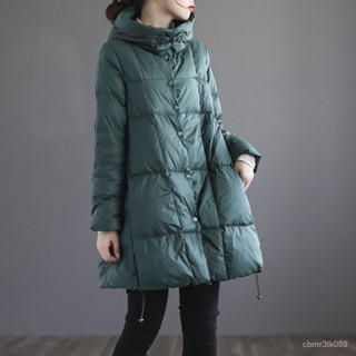 原創冬季新款白鴨絨羽絨服女中長版寬鬆複古連帽大碼媽媽裝外套女 白鴨絨 保暖 防寒 羽絨外套連帽1102 QP5S