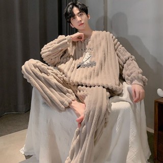 暖冬必備🔥法蘭絨睡衣男士冬季加絨加厚套頭珊瑚絨保暖秋冬款家居服冬天套裝 保暖 可愛睡衣