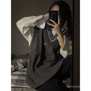 點心喵 森林系 日系森林系 日系 日系女裝 日系疊穿 兩件套裝春秋新款韓版長袖襯衫疊穿複古V領針織毛衣馬甲背心寬鬆 GX