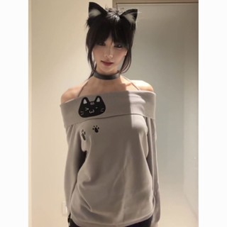 🐾限時購🐾美式 寬鬆 貓咪 辣妹 秋季新款 一字 設計長袖 修身 INS 肩顯獨特 顯瘦上衣女 4BL6