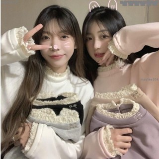 🎐🎐🎐特惠新品加絨加厚德絨半高領打底衫女秋冬蕾絲花邊可愛內搭保暖設計感上衣 長袖T恤 寬鬆上衣 長袖上衣 大尺碼