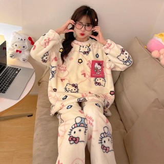 韓系 保暖 冬季 居家服 睡衣 睡衣女冬季新款卡通凱蒂貓珊瑚絨可外穿居家服法蘭絨加絨加厚套裝