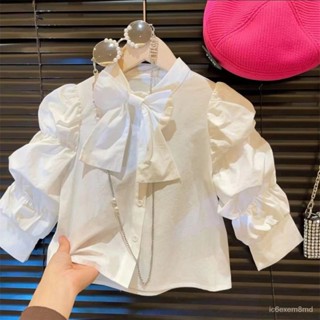 虧本給家人們👑女童白色春秋裝襯衫新款洋氣長袖兒童打底襯衣蝴蝶結公主上衣 HY80