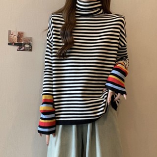 Meet.You.加絨保暖條紋高領打底衫女秋冬季新款寬鬆顯瘦彩虹袖內搭長袖上衣