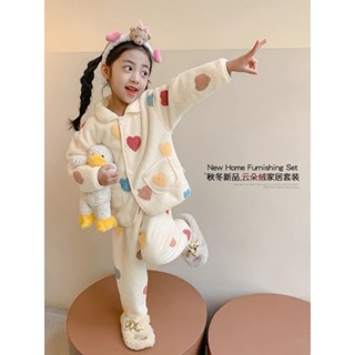 兒童 寶寶 居家服 女童睡衣秋冬款加絨加厚珊瑚絨女孩寶寶法蘭絨兒童冬款家居服套裝