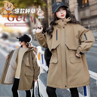 兒童外套 女童外套 童裝外套 女童風衣加絨秋冬款2024新款時尚中大童洋氣休閑連帽收腰風衣外套