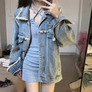 美式複古毛邊破洞牛仔外套女2024春秋寬鬆設計感小眾工裝夾剋上衣BOWT#~