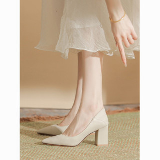 【GL SHOES】粗跟高跟鞋 百搭配裙子 韓式法式高跟鞋法式裸色高跟鞋女2024年新款氣質軟皮5釐米不累腳粗跟淺口單鞋