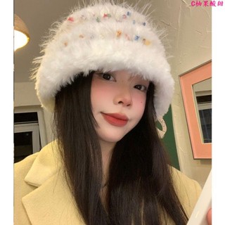 韓版漁夫帽🎀小糖豆毛線帽子女冬季顯臉小加厚保暖針織毛絨帽毛茸茸白色漁夫帽