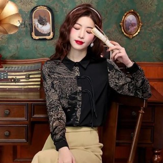 滿200出貨·新中式國風盤扣襯衫女春季新款高階感復古印花長袖緞面上衣 新中式 中國風上衣 韓版上衣 大尺碼上衣 長袖襯衫