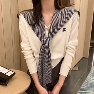 「小隻女」秋冬新款 韓版套裝 長袖上衣 時尚百搭 條紋披肩+針織開衫 兩件套 寬鬆上衣 秋季穿搭 小個子 長袖開衫