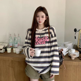coco小姐✨條紋 T恤女 秋季 新款 寬鬆 百搭 美式 複古 打底衫 長袖 上衣