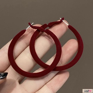 🔥臺灣出貨🔥Mali🎀網紅耳環 925銀針酒紅色大耳圈高階冷淡風氣質耳釘女小眾顯白復古絲絨耳飾