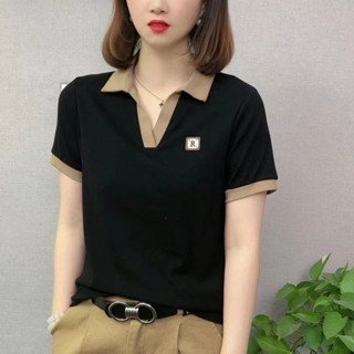 臺灣現貨 夏季翻領短袖T恤女百搭洋氣新款中年媽媽上衣POLO小衫大碼T恤 夏季POLO衫 翻領上衣 夏季女裝