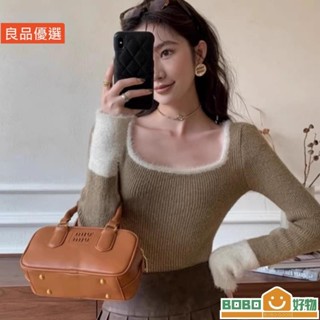 BOB好物❤早秋撞色水貂毛方領針織衫毛衣氣質上衣短款修身內搭【lb005】打底衫長袖女