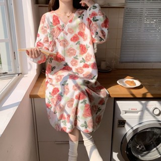 Lam 睡衣 睡裙珊瑚絨睡裙女冬季甜美喜慶大紅花長袖加厚公主風法蘭絨家居服睡衣