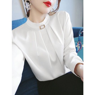 加絨白色立領襯衫女士新款洋氣質職業襯衣秋冬長袖高階感上衣
