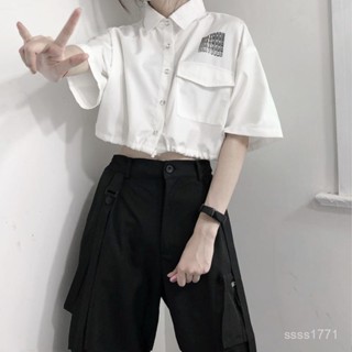 會琴服飾 套裝 工裝褲套裝 學生套裝 韓係套裝 韓版夏季2024年超新款短工裝襯衣高腰顯瘦字母襯衫女短款學生上衣
